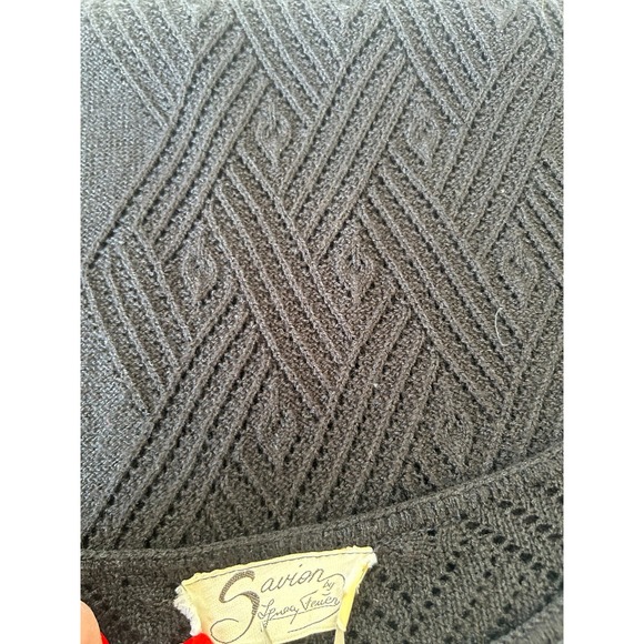 Vintage Savion Open Knit Midi Dress Sheer Center Puff Shoulder Black Size Large - Picture 4 of 7